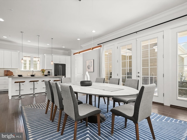11412 Dairy St, Fulton, MD 20759 - dining room with ornamental molding, dark wood finished floors, recessed lighting, and french doors