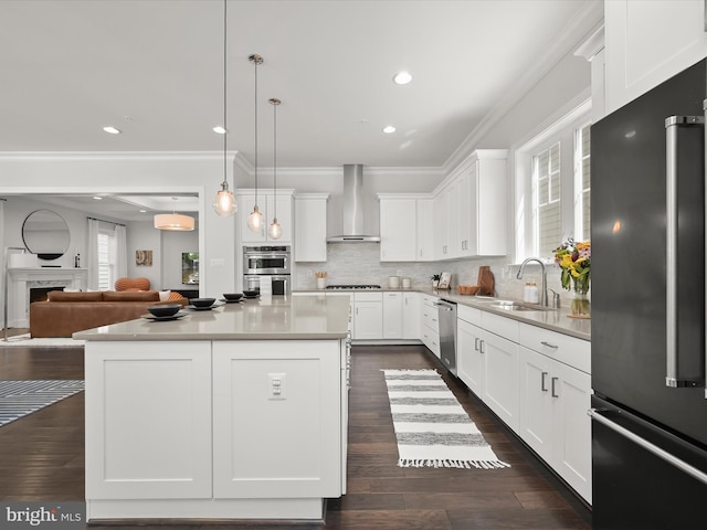 11412 Dairy St, Fulton, MD 20759 - kitchen featuring stainless steel appliances, wall chimney exhaust hood, ornamental molding, decorative backsplash, and white cabinets