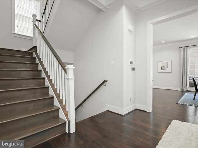 11412 Dairy St, Fulton, MD 20759 - staircase with wood finished floors, plenty of natural light, ornamental molding, and recessed lighting