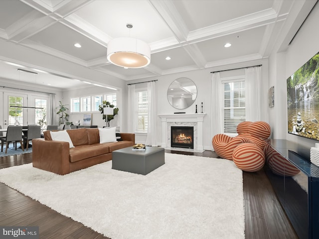 11412 Dairy St, Fulton, MD 20759 - living room with coffered ceiling, dark wood finished floors, a premium fireplace, recessed lighting, and beamed ceiling