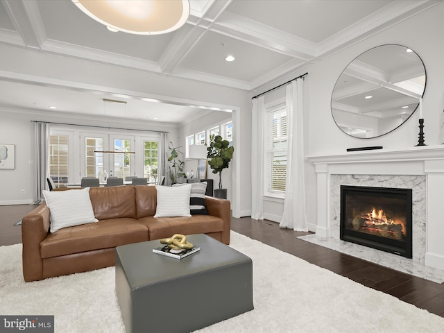 11412 Dairy St, Fulton, MD 20759 - living area featuring coffered ceiling, wood finished floors, recessed lighting, crown molding, and beamed ceiling