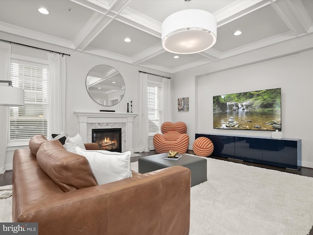11412 Dairy St, Fulton, MD 20759 - living area with coffered ceiling, a high end fireplace, recessed lighting, beamed ceiling, and ornamental molding
