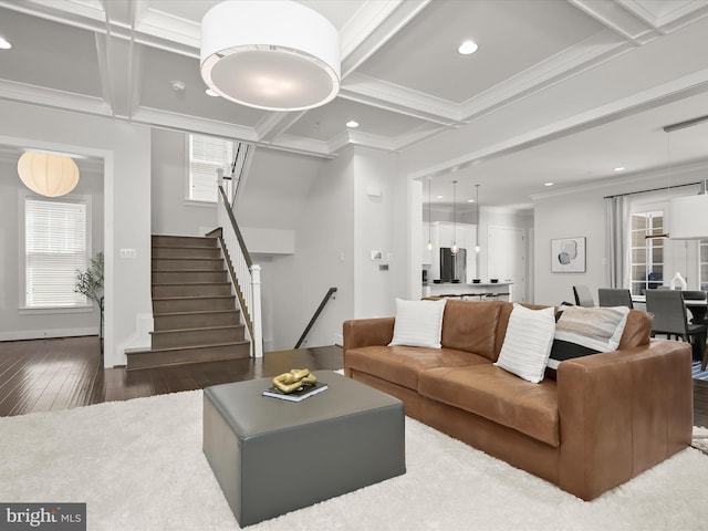 11412 Dairy St, Fulton, MD 20759 - living area featuring coffered ceiling, hardwood / wood-style floors, beam ceiling, healthy amount of natural light, and crown molding