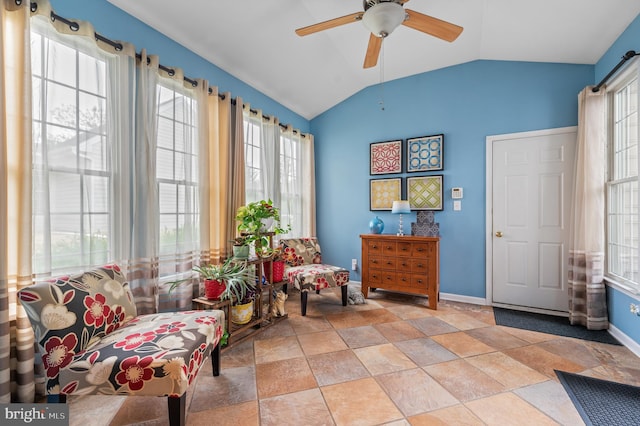 236 Cambridge Pl, Chalfont, PA 18914 - sitting room with vaulted ceiling, ceiling fan, and light stone finish flooring