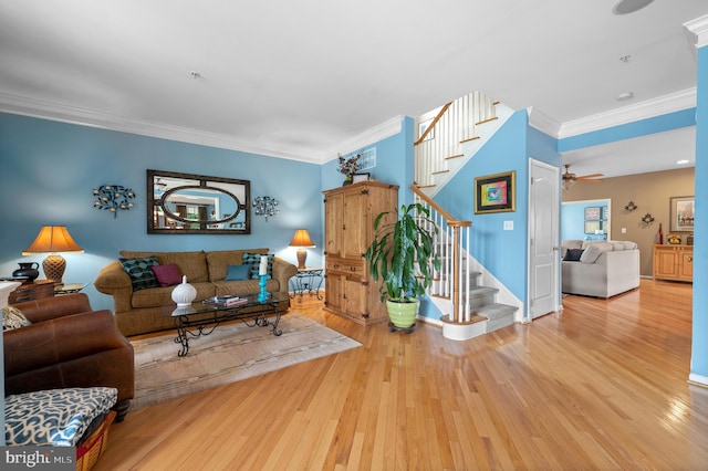 236 Cambridge Pl, Chalfont, PA 18914 - living area featuring a ceiling fan, stairs, light wood-type flooring, and ornamental molding