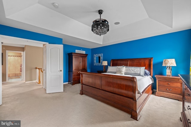236 Cambridge Pl, Chalfont, PA 18914 - bedroom with a tray ceiling, light colored carpet, and a chandelier
