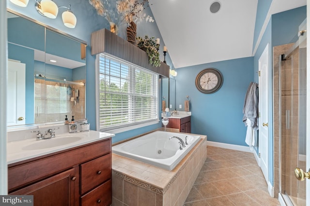 236 Cambridge Pl, Chalfont, PA 18914 - full bath with a shower stall, a bath, two vanities, vaulted ceiling, and tile patterned floors