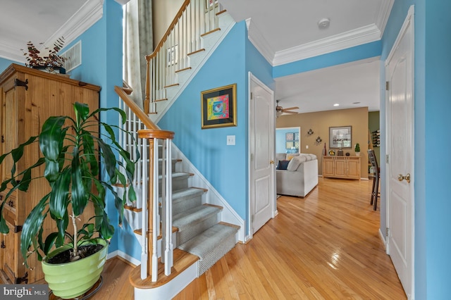 236 Cambridge Pl, Chalfont, PA 18914 - staircase with wood finished floors, ornamental molding, and a ceiling fan