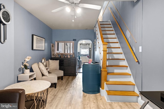 330 N 13th St, Reading, PA 19604 - stairs with a ceiling fan, wood finished floors, and arched walkways