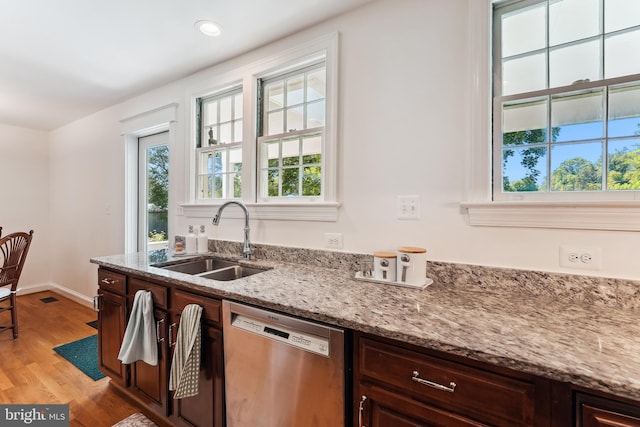 720 E Stephens Ln, Purcellville, VA 20132 - kitchen featuring dishwasher, light wood finished floors, light stone counters, dark brown cabinets, and recessed lighting