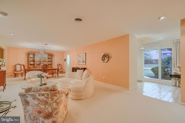 7900 Ivy Ln, Baltimore, MD 21208 - carpeted living area featuring a chandelier and baseboards