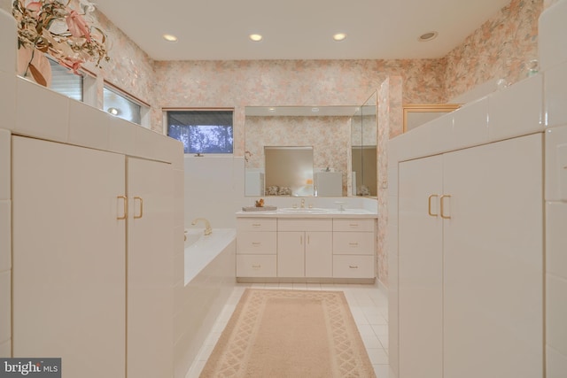 7900 Ivy Ln, Baltimore, MD 21208 - full bath featuring a bath, vanity, a shower stall, tile patterned flooring, and recessed lighting