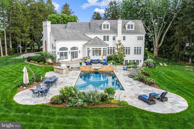 3537 Sawmill Rd, Newtown Square, PA 19073 - rear view of house with french doors, an outdoor hangout area, stucco siding, a chimney, and a patio area
