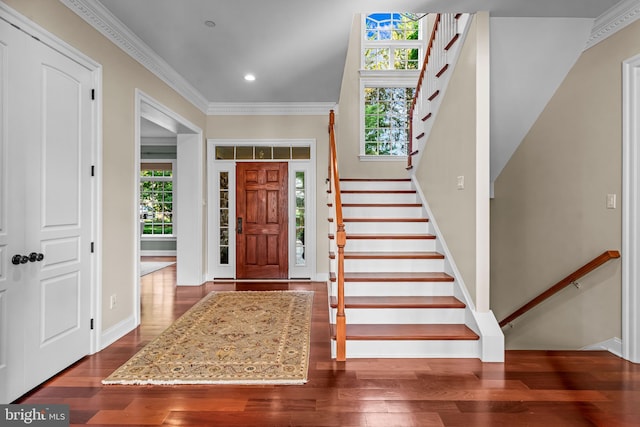 3537 Sawmill Rd, Newtown Square, PA 19073 - foyer with wood finished floors, plenty of natural light, recessed lighting, stairway, and ornamental molding