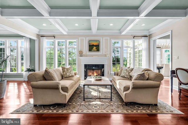 3537 Sawmill Rd, Newtown Square, PA 19073 - living room with ornamental molding, hardwood / wood-style floors, a glass covered fireplace, beam ceiling, and healthy amount of natural light