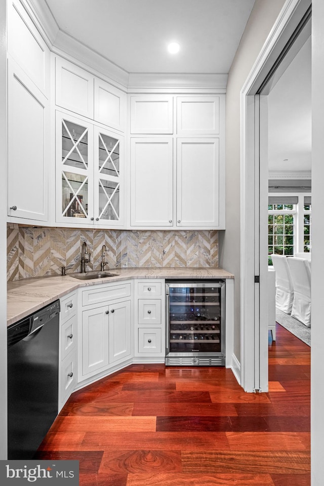 3537 Sawmill Rd, Newtown Square, PA 19073 - indoor wet bar featuring beverage cooler, black dishwasher, dark wood-style floors, decorative backsplash, and recessed lighting