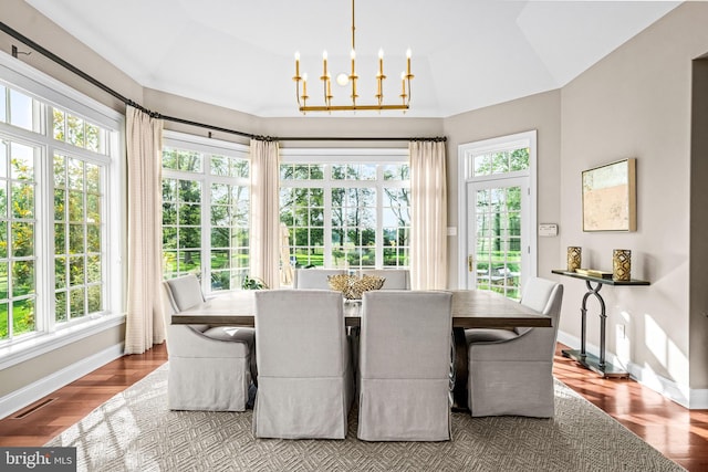 3537 Sawmill Rd, Newtown Square, PA 19073 - dining room featuring wood finished floors, a chandelier, and lofted ceiling