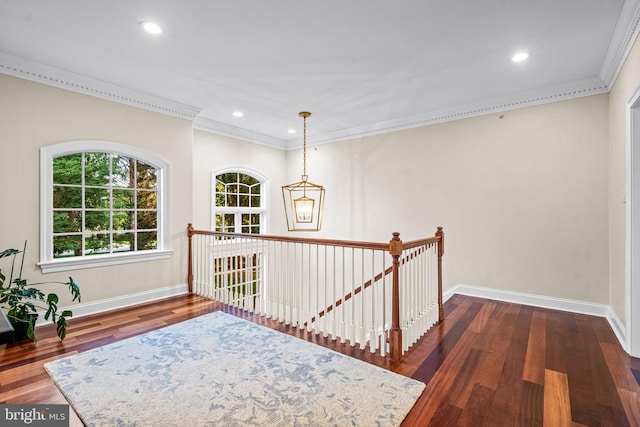 3537 Sawmill Rd, Newtown Square, PA 19073 - hallway featuring an upstairs landing, ornamental molding, dark wood-style floors, and recessed lighting