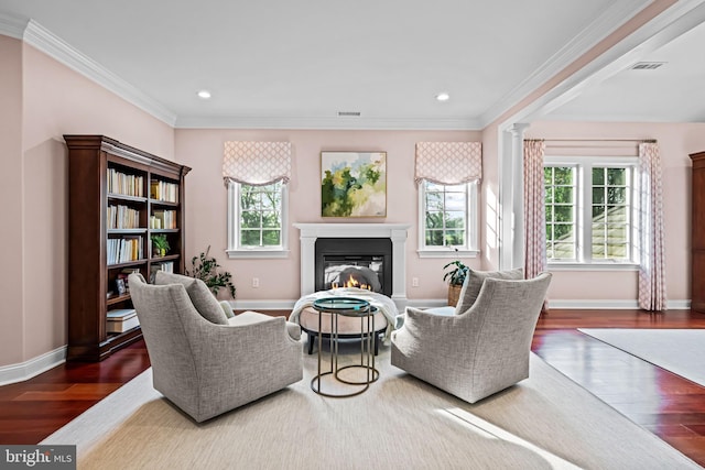3537 Sawmill Rd, Newtown Square, PA 19073 - living room featuring a glass covered fireplace, wood finished floors, ornamental molding, and recessed lighting