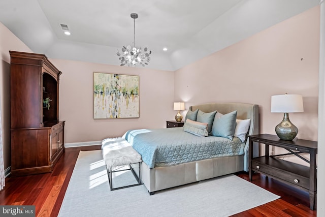 3537 Sawmill Rd, Newtown Square, PA 19073 - bedroom with dark wood finished floors, a chandelier, vaulted ceiling, and recessed lighting
