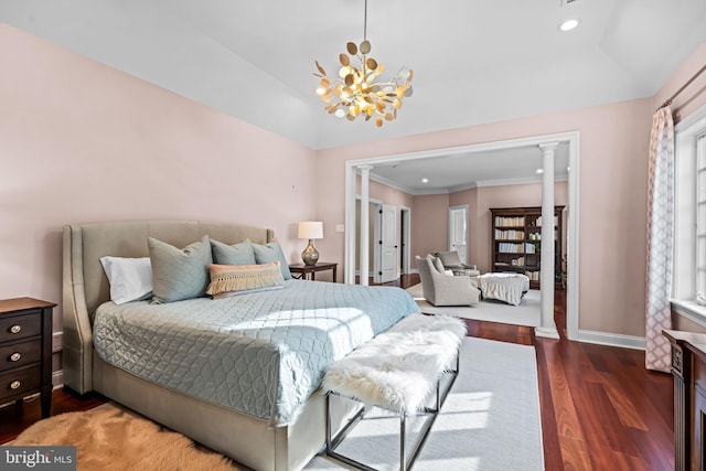 3537 Sawmill Rd, Newtown Square, PA 19073 - bedroom featuring dark wood-style floors, recessed lighting, a chandelier, lofted ceiling, and ornamental molding