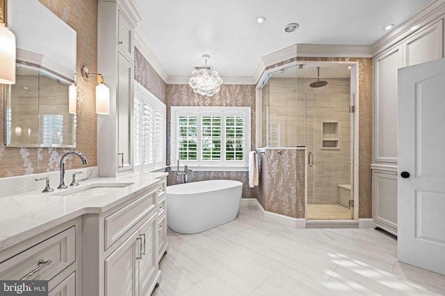 3537 Sawmill Rd, Newtown Square, PA 19073 - bathroom featuring a stall shower, vanity, a chandelier, a freestanding bath, and ornamental molding