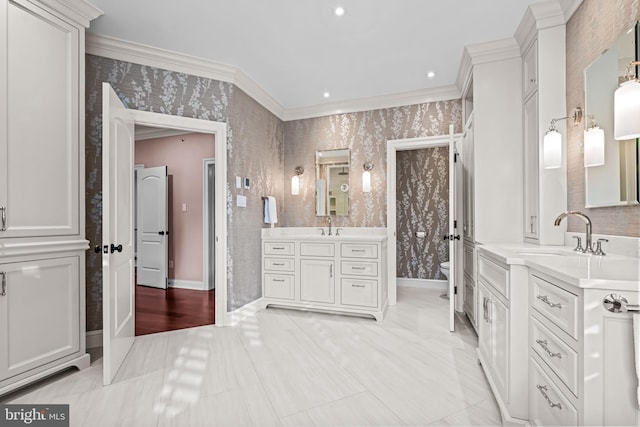 3537 Sawmill Rd, Newtown Square, PA 19073 - bathroom with wallpapered walls, crown molding, two vanities, and tile patterned flooring