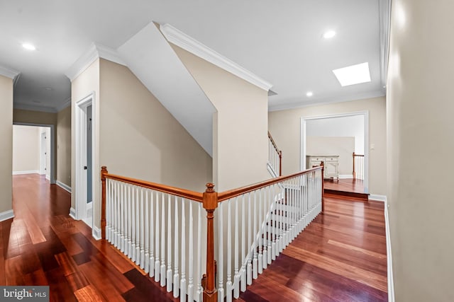 3537 Sawmill Rd, Newtown Square, PA 19073 - hall with ornamental molding, a skylight, an upstairs landing, wood finished floors, and recessed lighting