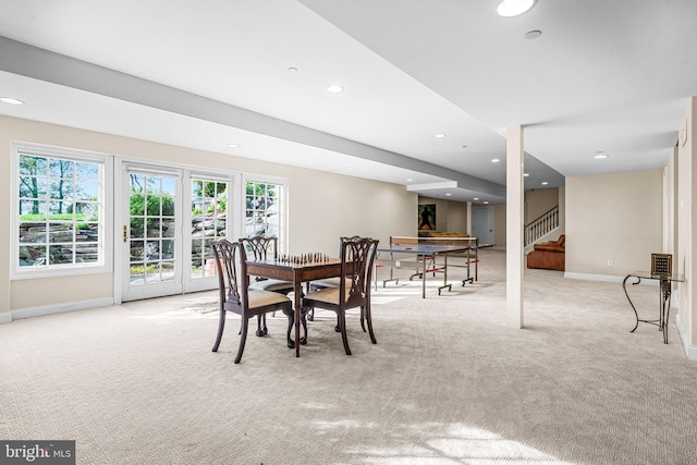 3537 Sawmill Rd, Newtown Square, PA 19073 - dining space featuring light carpet, stairs, plenty of natural light, and recessed lighting