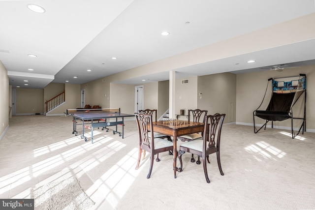 3537 Sawmill Rd, Newtown Square, PA 19073 - dining room featuring light carpet, stairway, and recessed lighting