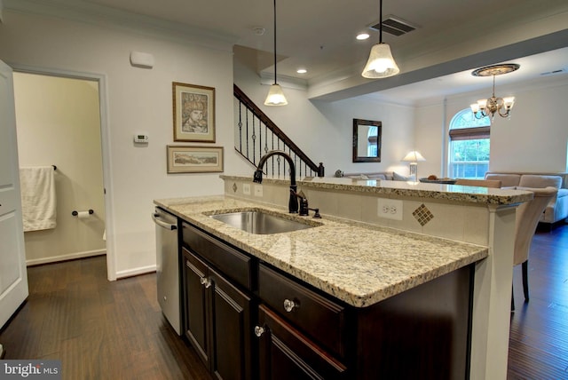 13764 Earhart Cir, Herndon, VA 20171 - kitchen featuring crown molding, open floor plan, dark wood-type flooring, stainless steel dishwasher, and decorative light fixtures