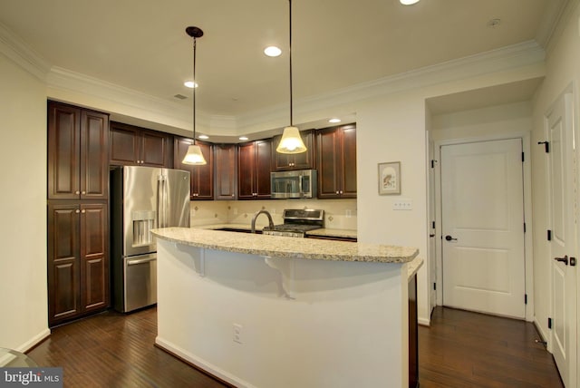 13764 Earhart Cir, Herndon, VA 20171 - kitchen with stainless steel appliances, dark wood-style flooring, ornamental molding, light stone counters, and recessed lighting