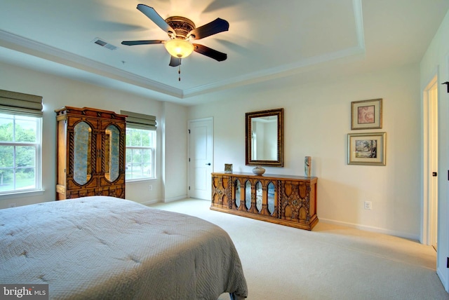 13764 Earhart Cir, Herndon, VA 20171 - carpeted bedroom featuring a tray ceiling, crown molding, and ceiling fan