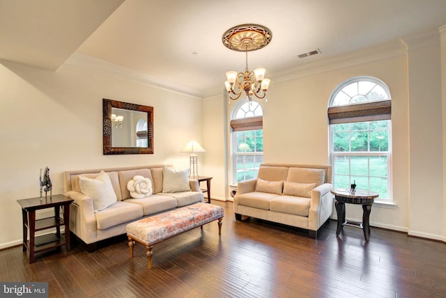 13764 Earhart Cir, Herndon, VA 20171 - living room with a chandelier, dark wood-style floors, and ornamental molding