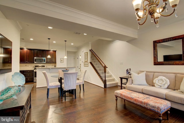 13764 Earhart Cir, Herndon, VA 20171 - living room with stairway, a chandelier, ornamental molding, dark wood finished floors, and recessed lighting