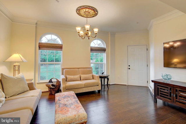 13764 Earhart Cir, Herndon, VA 20171 - living room with a chandelier, plenty of natural light, hardwood / wood-style flooring, and crown molding