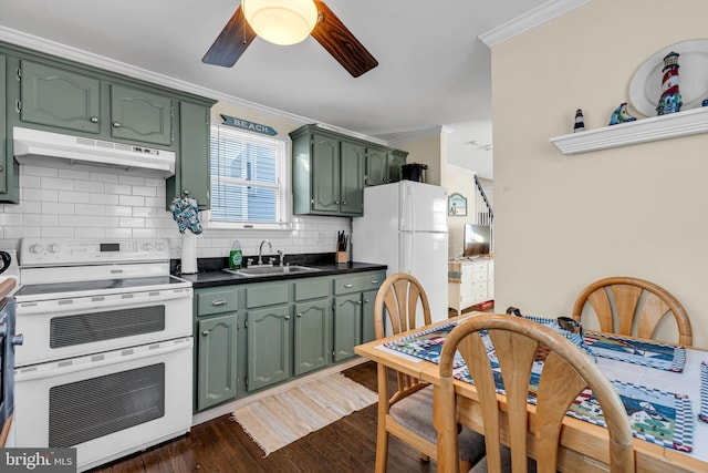 235 Bay Ter, Seaside Heights, NJ 08751 - kitchen with white appliances, green cabinetry, under cabinet range hood, ornamental molding, and a ceiling fan