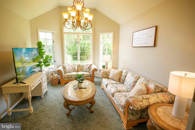 26 Sleigh Run, Reedsville, PA 17084 - living room with carpet, a chandelier, and vaulted ceiling
