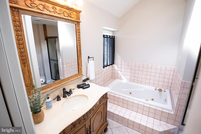 26 Sleigh Run, Reedsville, PA 17084 - full bath featuring a whirlpool tub, vanity, tile patterned floors, and vaulted ceiling