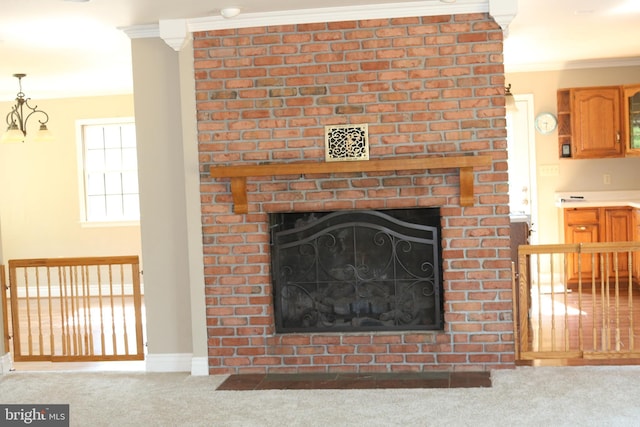 6535 Dumeny Rd, Greencastle, PA 17225 - detailed view of carpet, crown molding, and a fireplace