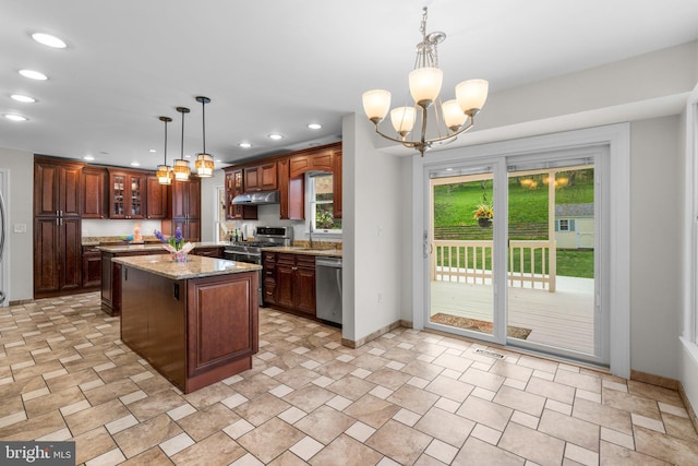 6212 Monroe Ave, Sykesville, MD 21784 - kitchen featuring stainless steel appliances, recessed lighting, a center island, under cabinet range hood, and a chandelier