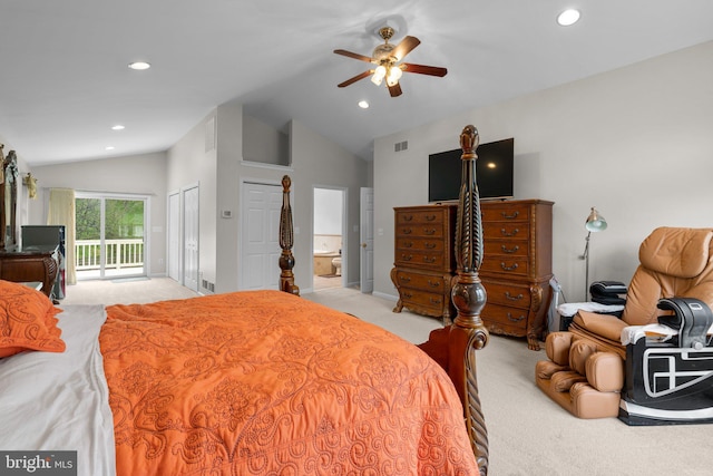 6212 Monroe Ave, Sykesville, MD 21784 - bedroom with light colored carpet, lofted ceiling, access to exterior, recessed lighting, and ensuite bath