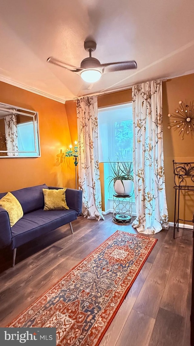 11881 Academy Rd Unit I6, Philadelphia, PA 19154 - living area featuring wood finished floors, ornamental molding, and ceiling fan