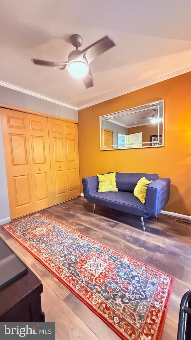 11881 Academy Rd Unit I6, Philadelphia, PA 19154 - living room with ornamental molding, ceiling fan, and wood finished floors