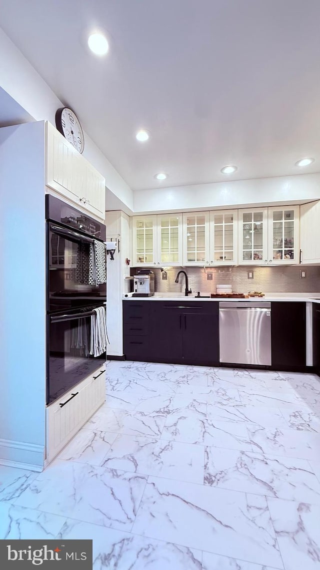 11881 Academy Rd Unit I6, Philadelphia, PA 19154 - kitchen featuring dishwasher, recessed lighting, glass insert cabinets, backsplash, and light marble finish floors