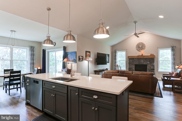 17 Beckleys Cor, Lebanon, PA 17042 - kitchen featuring stainless steel dishwasher, dark wood-style flooring, light countertops, and lofted ceiling