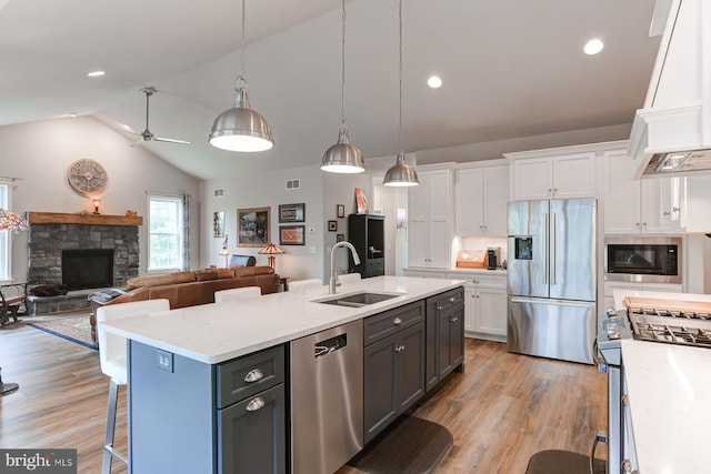 17 Beckleys Cor, Lebanon, PA 17042 - kitchen featuring appliances with stainless steel finishes, premium range hood, white cabinetry, lofted ceiling, and light wood-style flooring