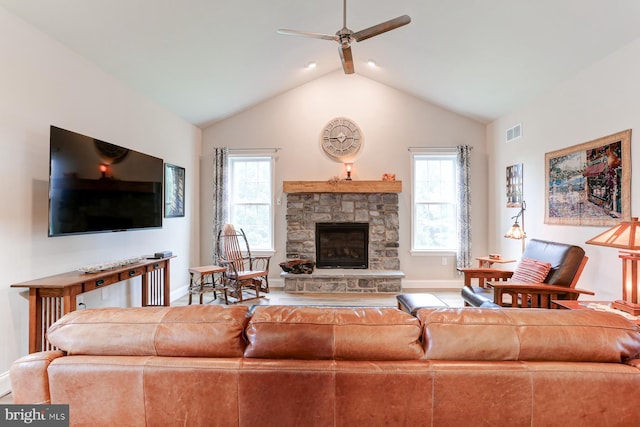 17 Beckleys Cor, Lebanon, PA 17042 - living room with a ceiling fan, a fireplace, and vaulted ceiling