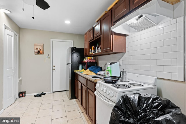 523 W Venango St, Philadelphia, PA 19140 - kitchen featuring white electric range oven, extractor fan, backsplash, ceiling fan, and light tile patterned floors