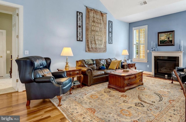 5230 Canyon Creek Way, Haymarket, VA 20169 - living area featuring light wood finished floors, vaulted ceiling, and a glass covered fireplace